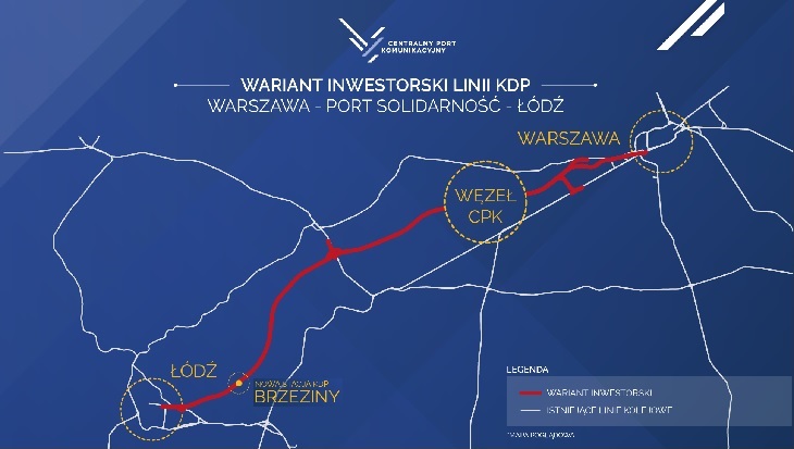 CPK: mapa linii Warszawa–CPK–Łódź. Źródło: CPK